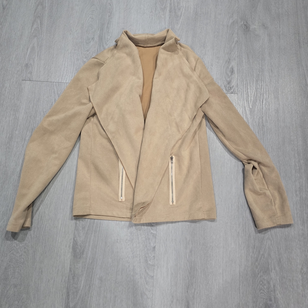 SHEIN Taupe Draped Open-Front Suede Jacket